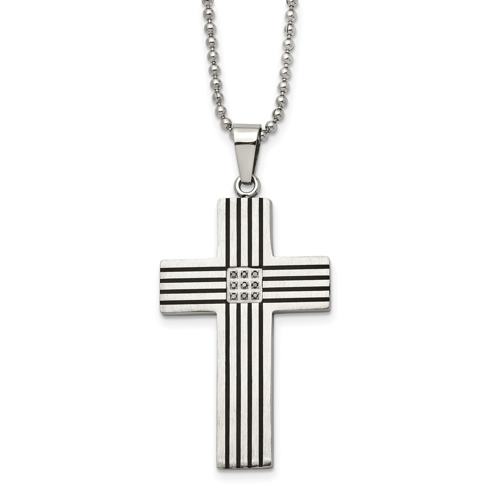 Stainless Steel Striped and Black Diamond Cross Necklace
