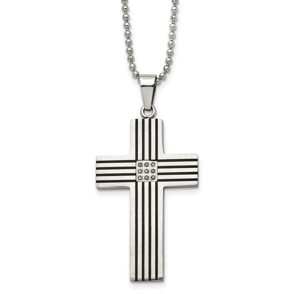 Stainless Steel Striped and Black Diamond Cross Necklace - 22 Inch