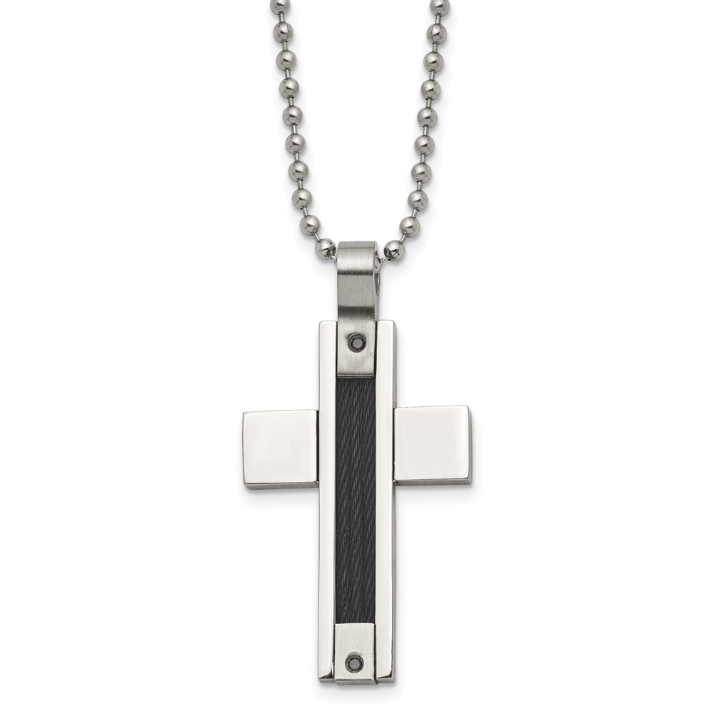 Stainless Steel Black Wire and Black Diamond Cross Necklace - 24 Inch