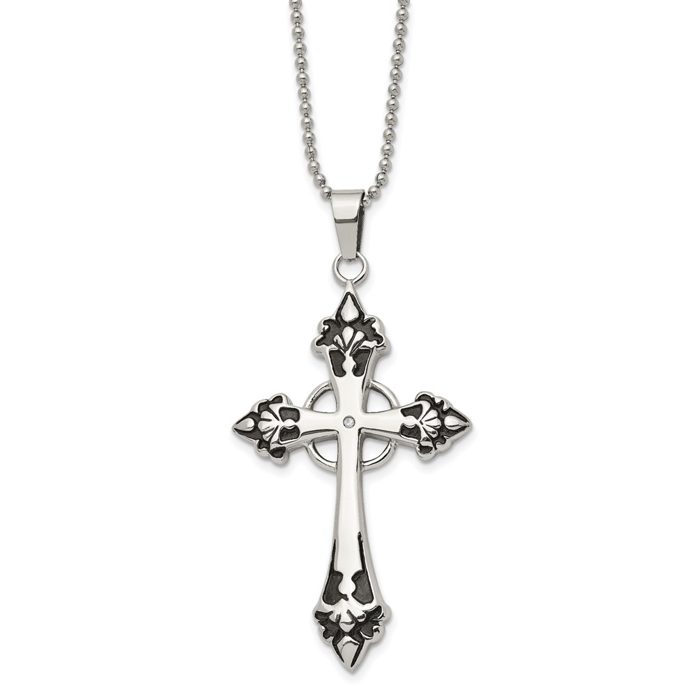 Stainless Steel Black Enamel & Diamond Celtic Cross Necklace