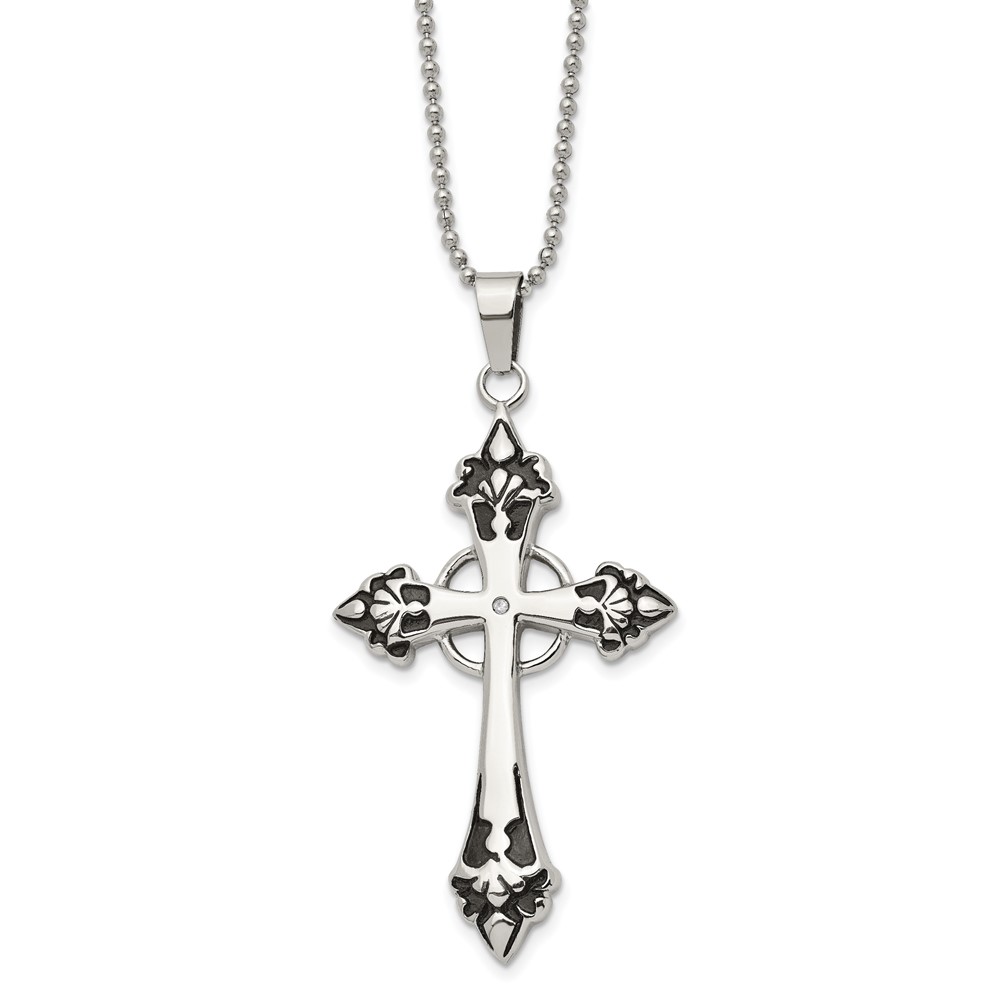 Stainless Steel Black Enamel &amp; Diamond Celtic Cross Necklace - 24 Inch