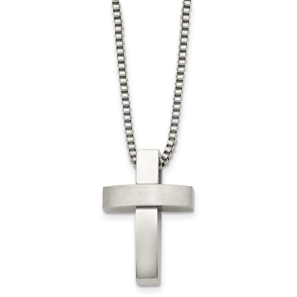 Stainless Steel Brushed and Polished Cross Necklace - 22 Inch