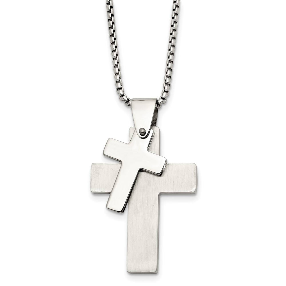 Stainless Steel Polished Double Cross Necklace - 24 Inch