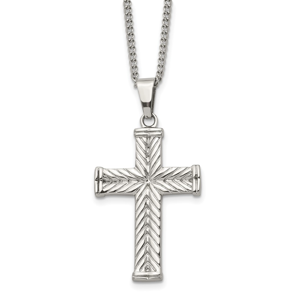 Stainless Steel Textured Wheat Design Cross Necklace - 22 Inch