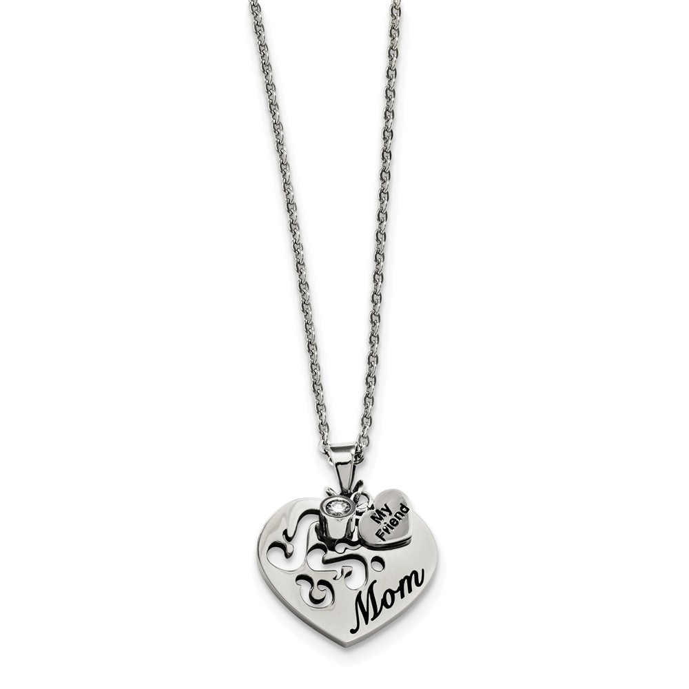 Stainless Steel Mom My Friend Heart Necklace with CZ - 24 Inch