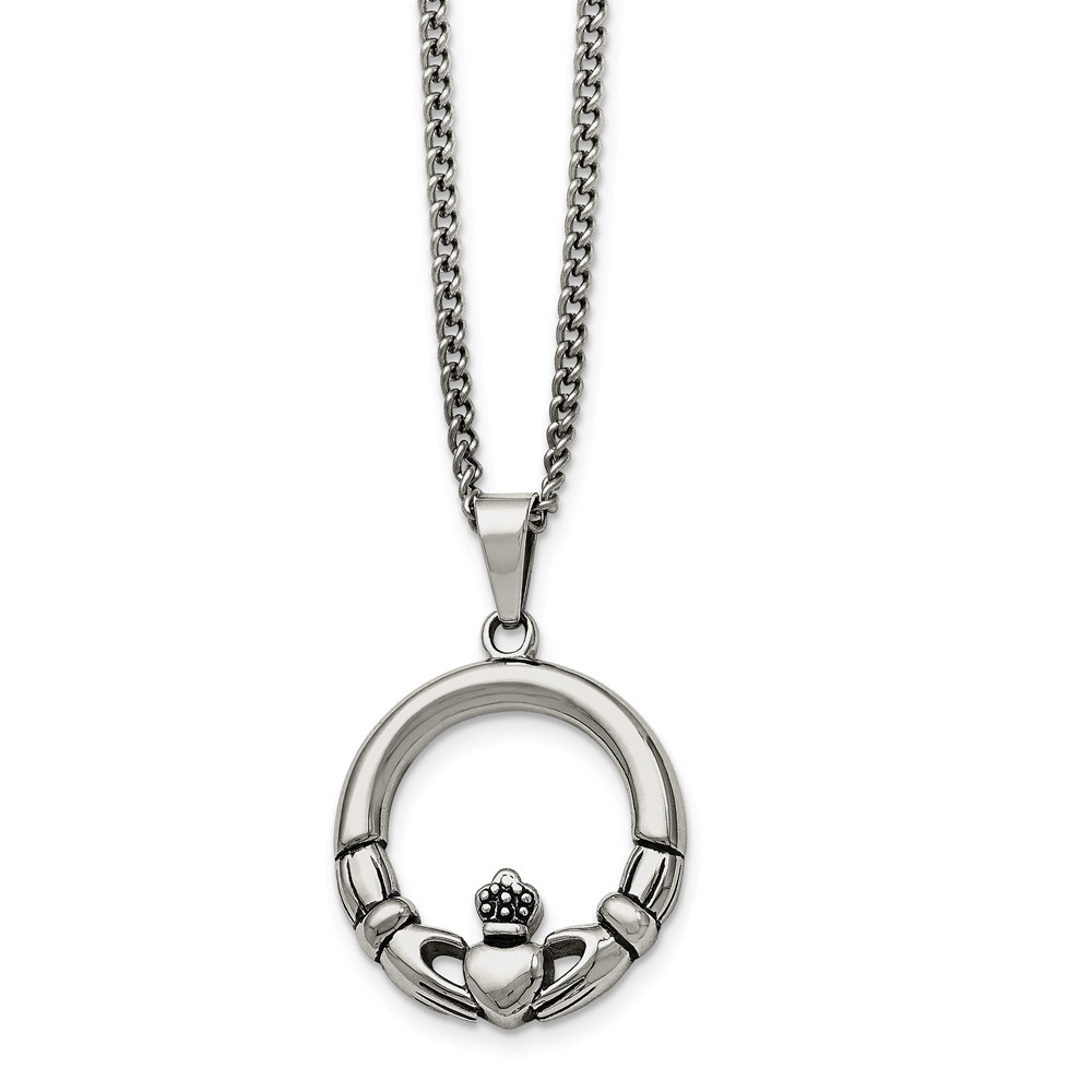 Stainless Steel Claddagh Circle Pendant Necklace - 22 Inch