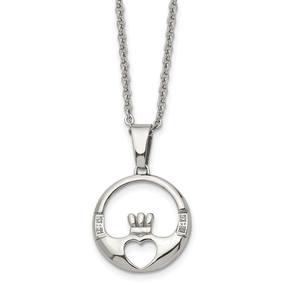 Stainless Steel and Cubic Zirconia Claddagh Pendant Necklace - 20 Inch