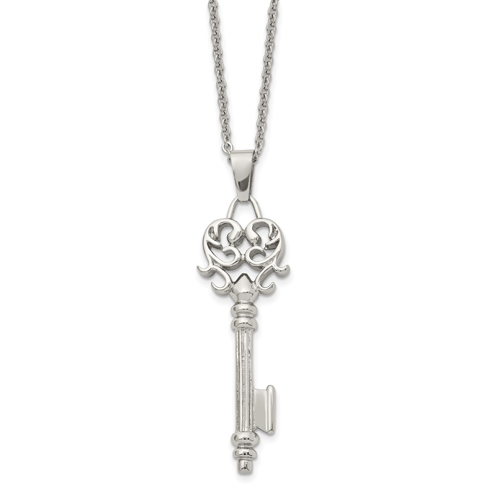 Stainless Steel Scroll Key Pendant Necklace - 22 Inch