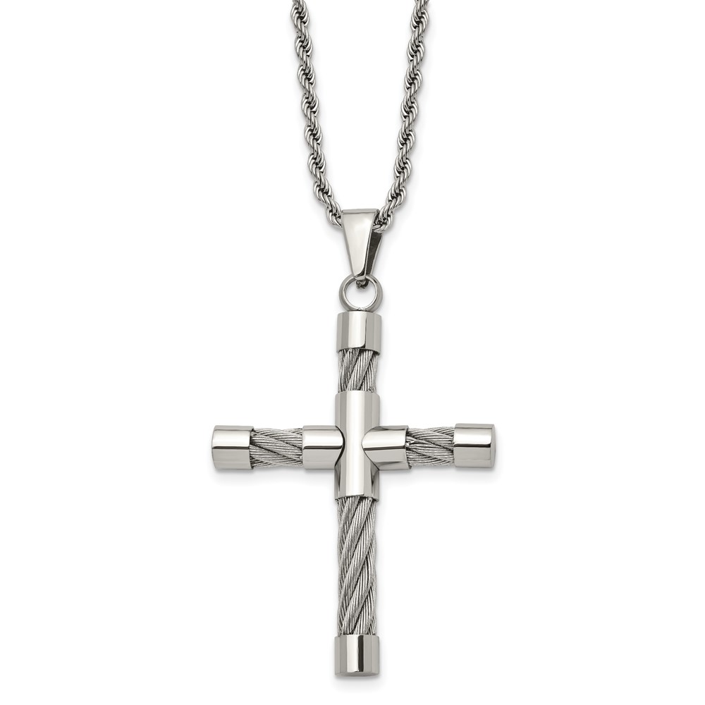 Stainless Steel Polished and Wire Cross Necklace