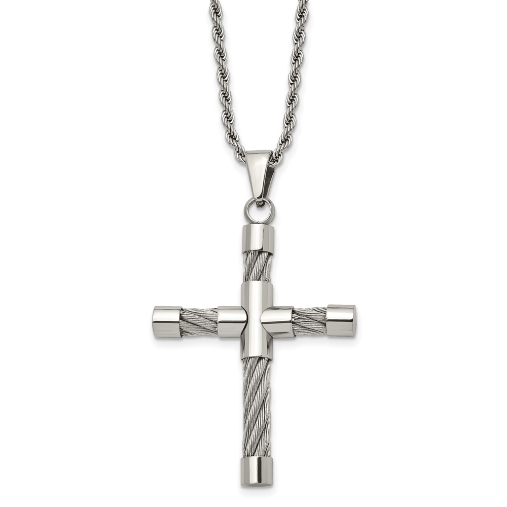 Stainless Steel Polished and Wire Cross Necklace - 22 Inch