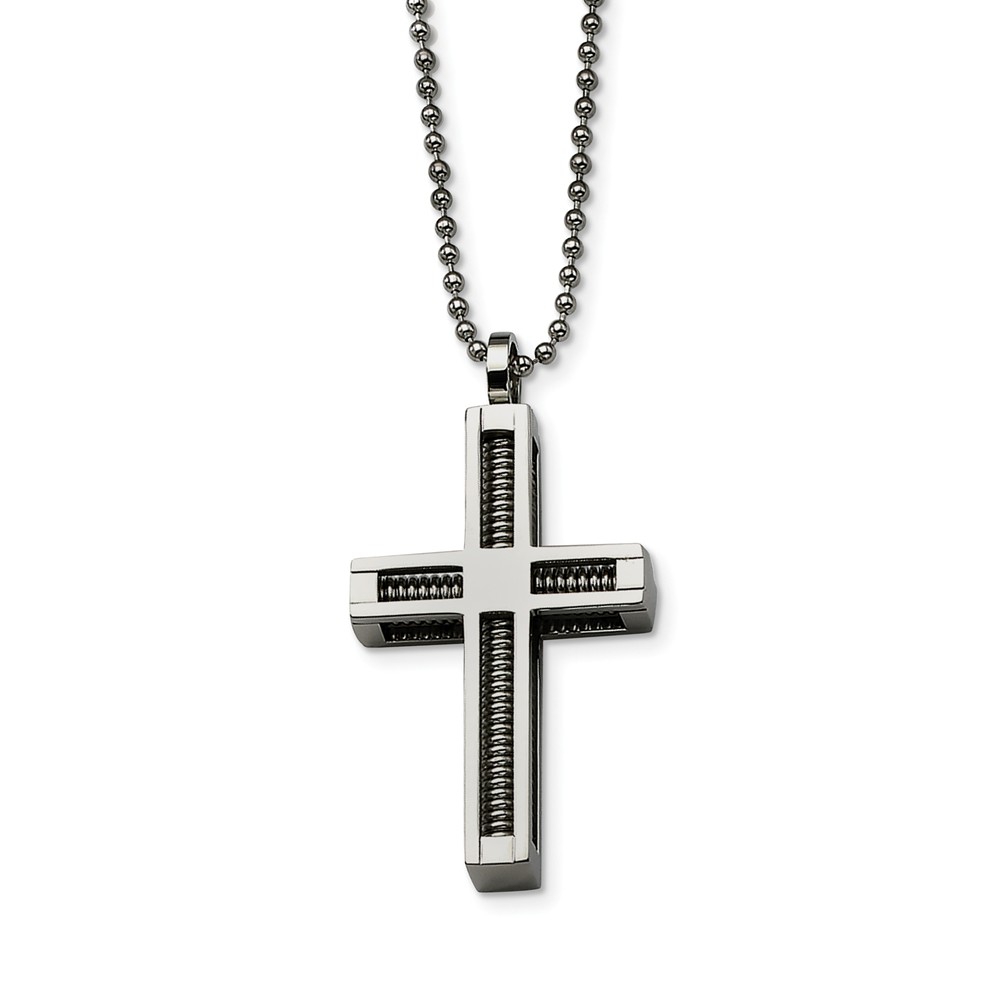 Stainless Steel 3D inset Cross Pendant Necklace - 24 Inch