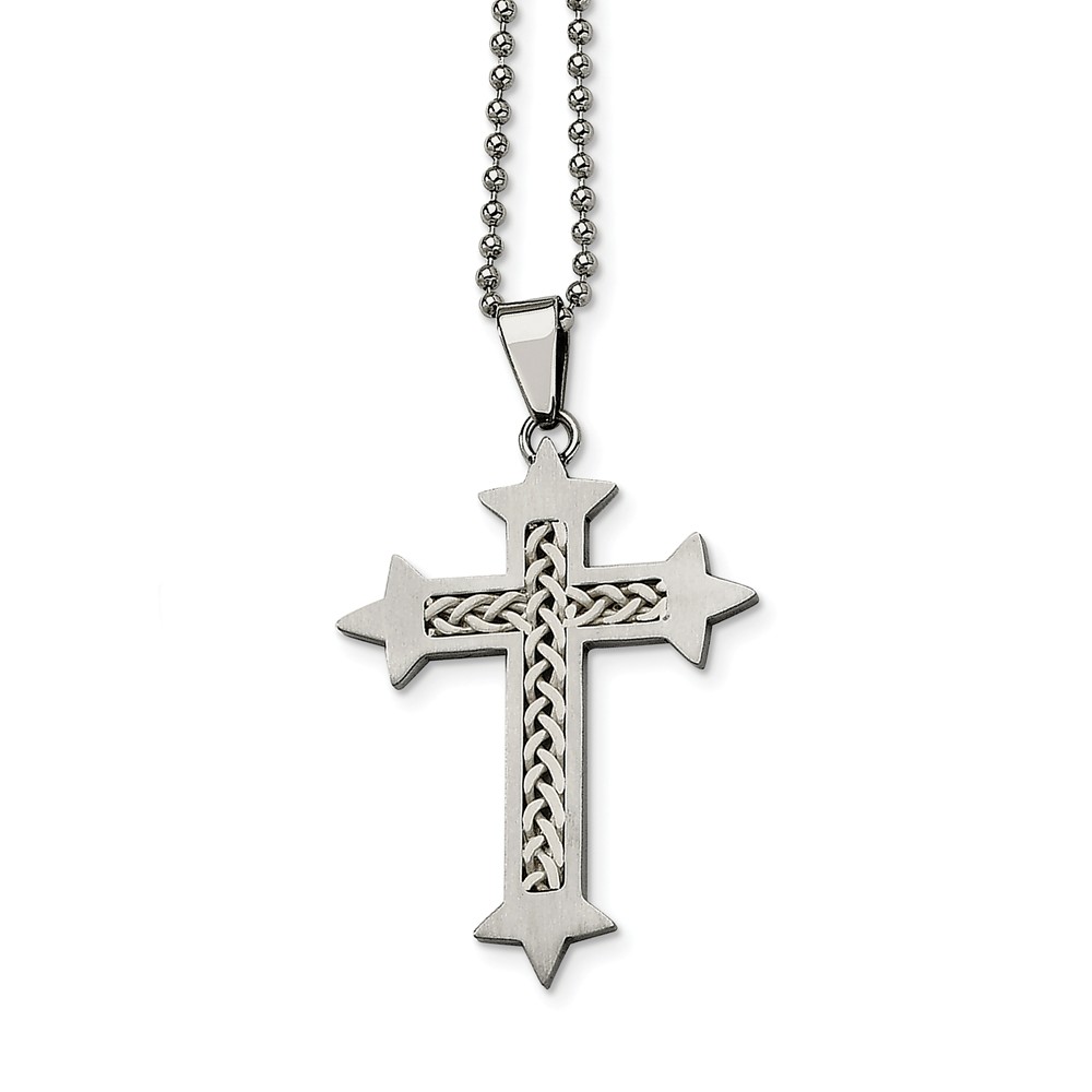 Stainless Steel Satin Cross w/ Silver Inlay Necklace - 24 Inch