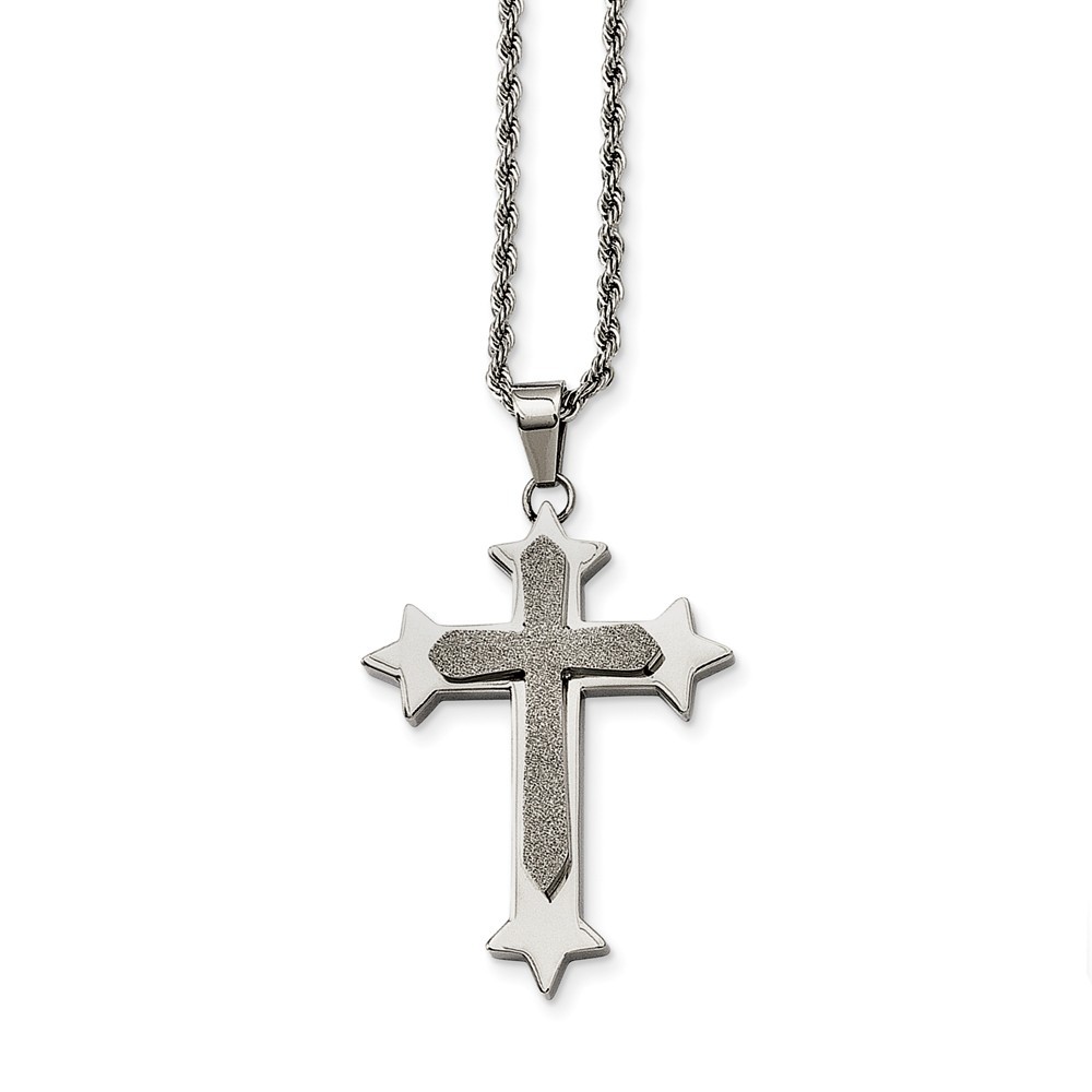 Stainless Steel Polished and Laser Cut Star Cross Necklace - 24 Inch