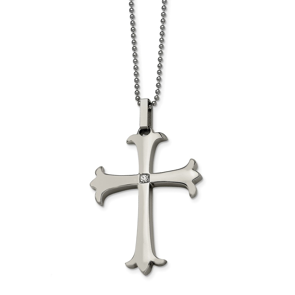 Stainless Steel Polished Fleur-de-lis Cross Necklace with CZ - 22 Inch