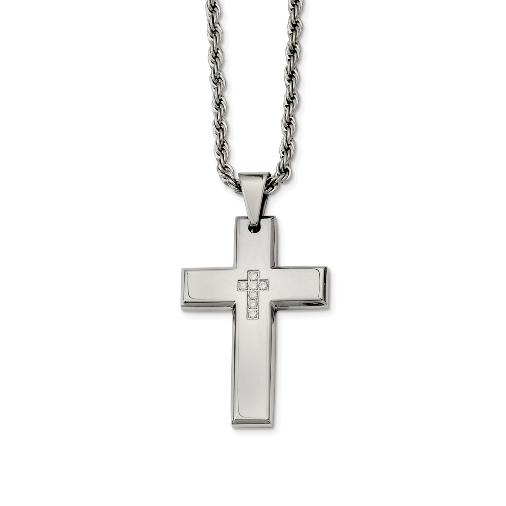 Stainless Steel Polished Cross with CZ&#039;s Necklace - 24 Inch