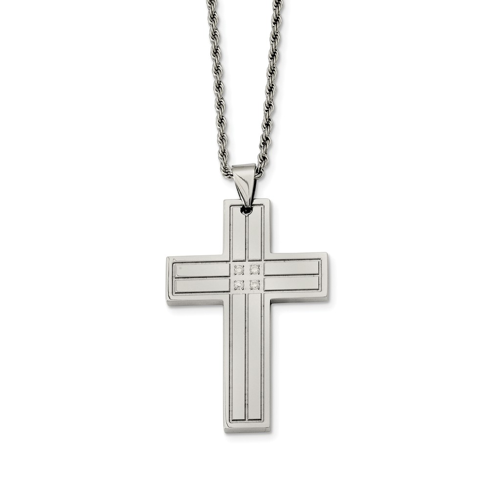 Stainless Steel Grooved Cross w/Cubic Zirconia&#039;s Necklace - 24 Inch