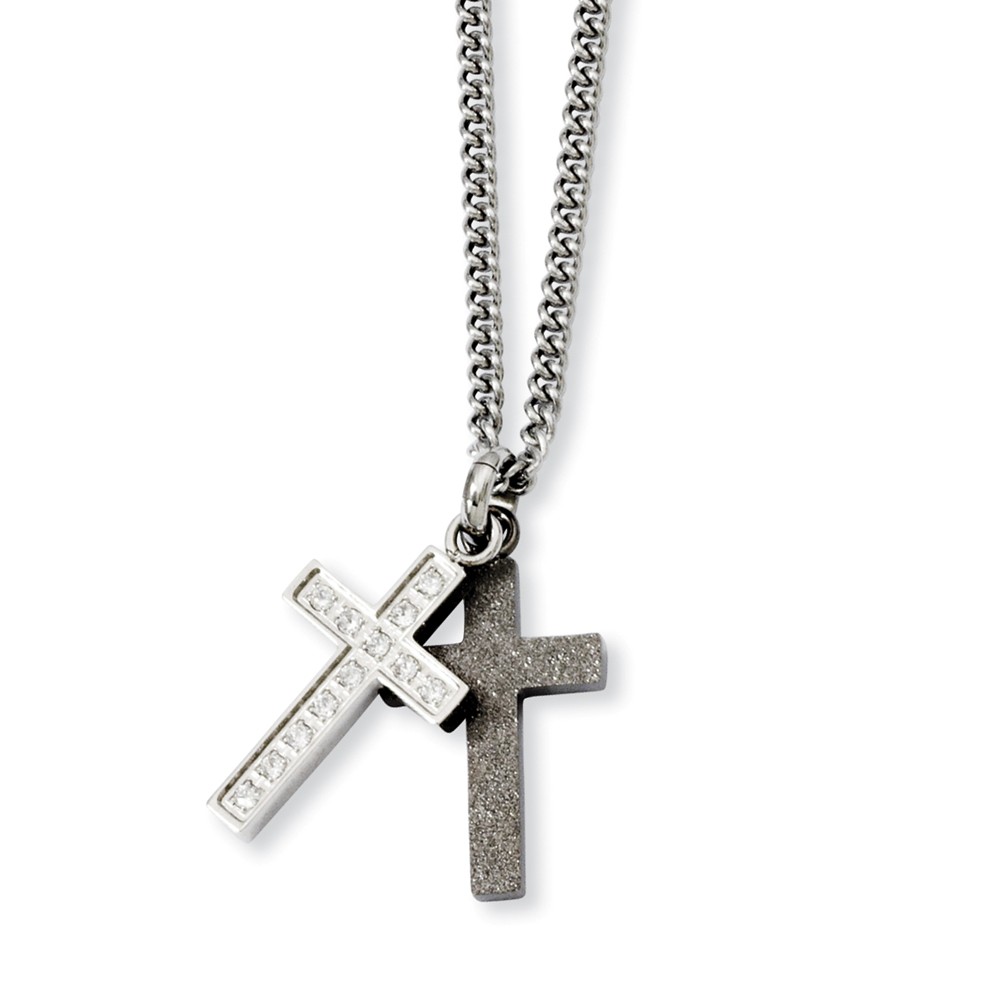 Stainless Steel Laser-cut and CZ Double Cross Necklace