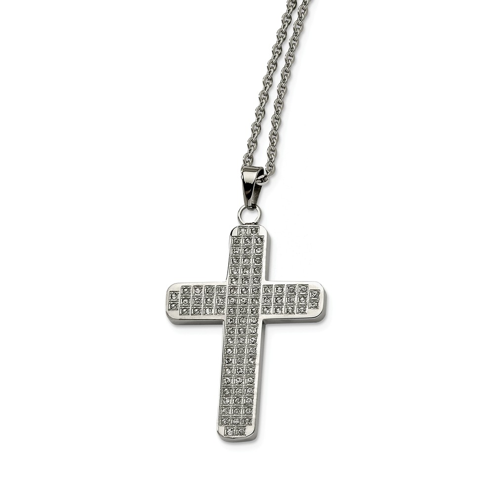 Stainless Steel Satin and Cubic Zirconia Cross Necklace