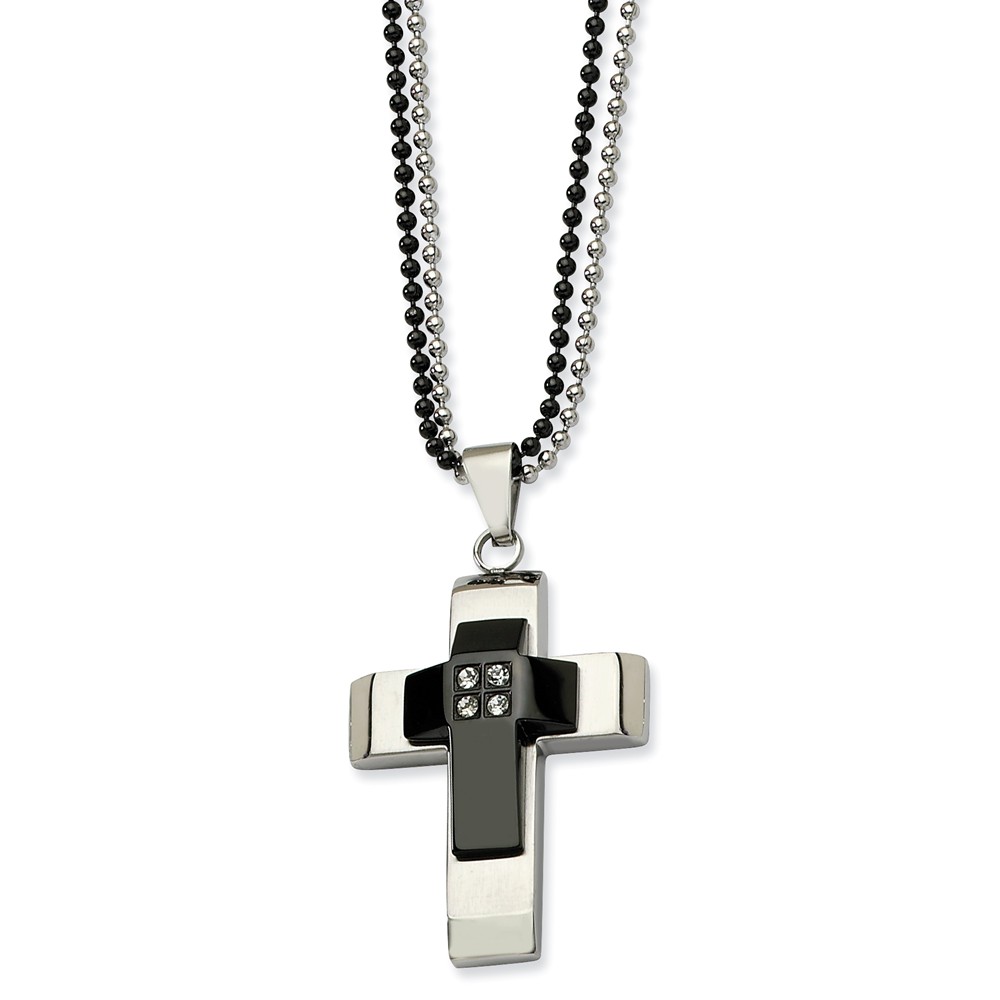 Two-Tone Stainless Steel Polished and CZ Cross Necklace