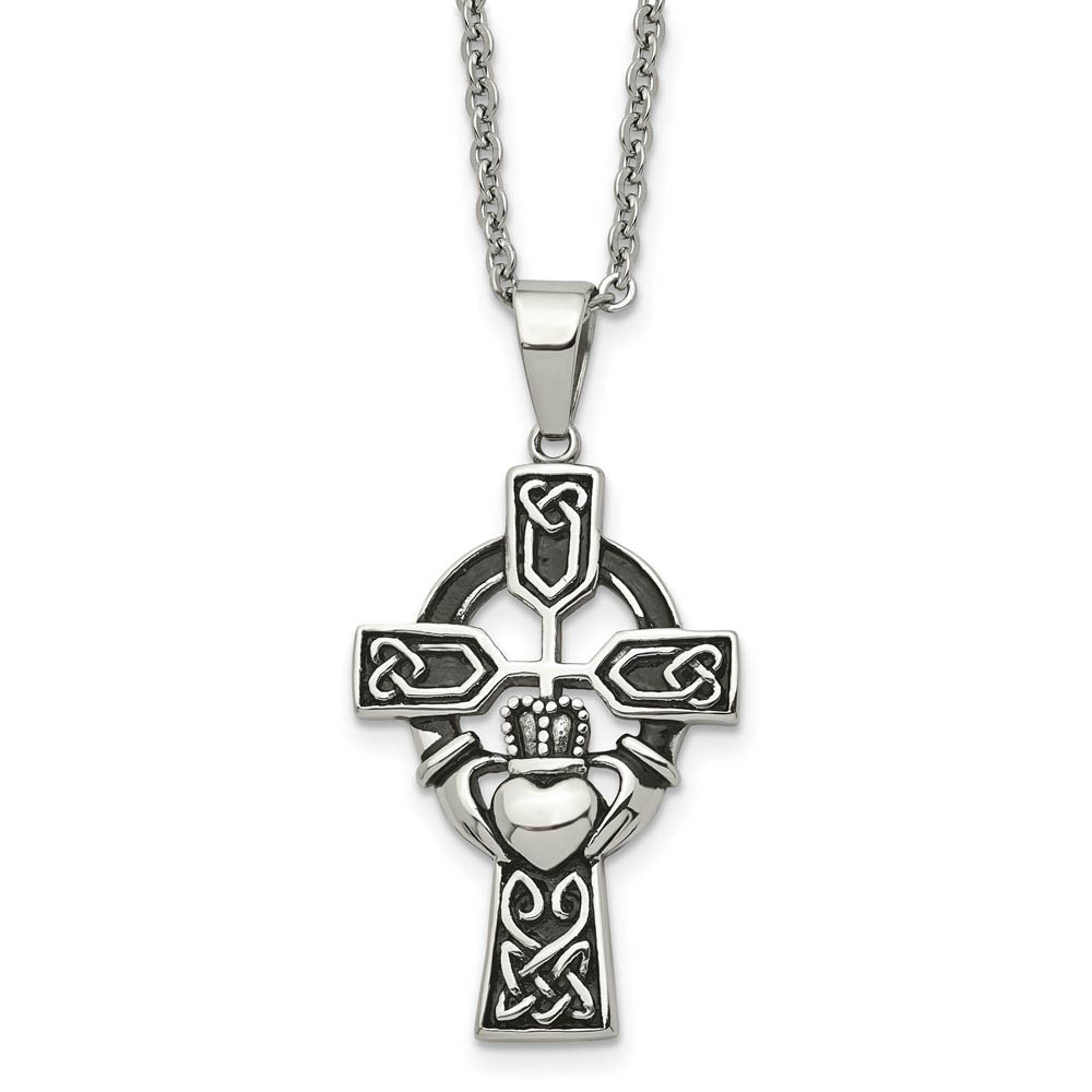 Stainless Steel Antiqued Claddagh Cross Necklace with CZ - 20 Inch