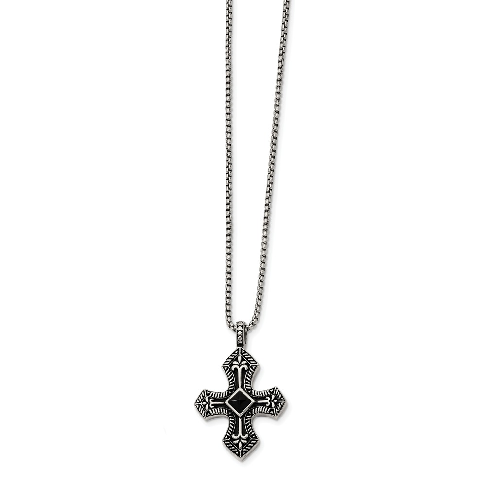 Stainless Steel Black Agate and Antiqued Cross Necklace