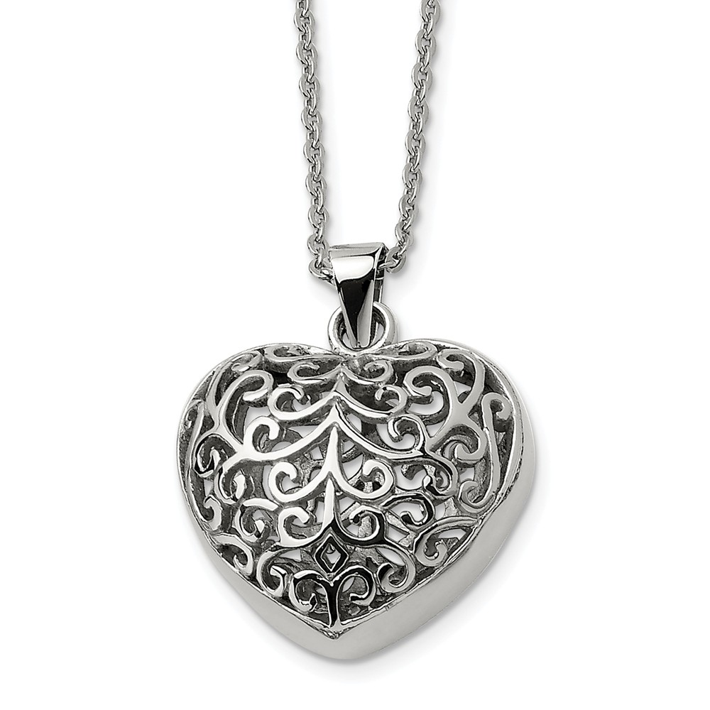 Stainless Steel Large Filigree Puffed Heart Necklace, 22 Inch