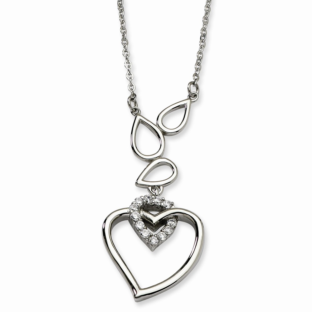 Stainless Steel Teardrops and Heart Adjustable Necklace with CZ - 18in