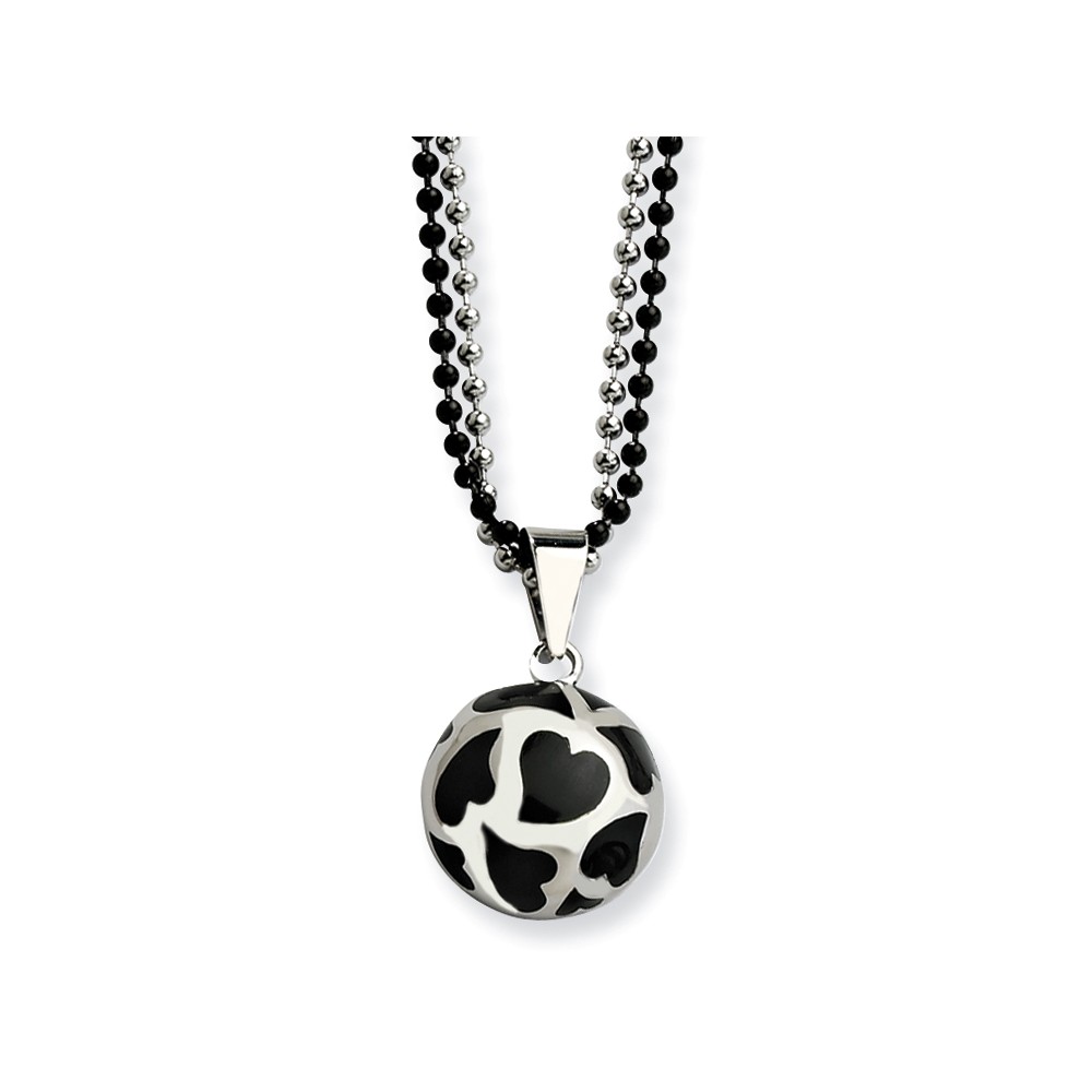 Stainless Steel Black Enamel Hearts Bead Necklace