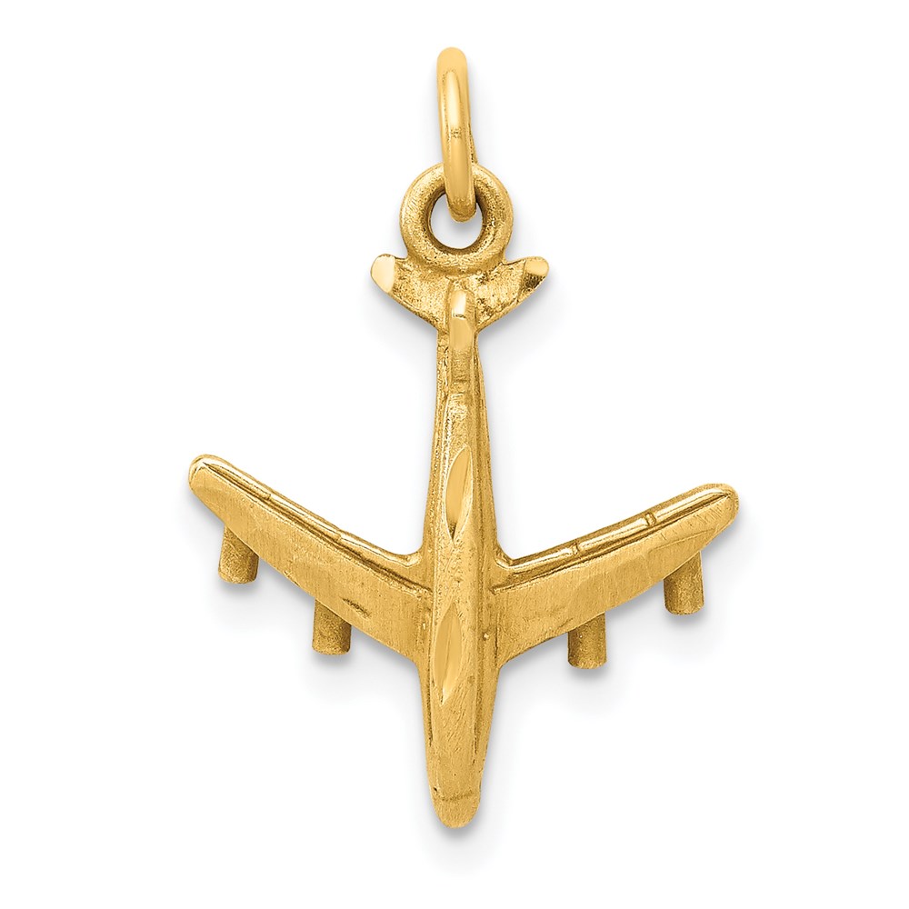 14k Yellow Gold Satin and Diamond Cut 3D Airplane Charm