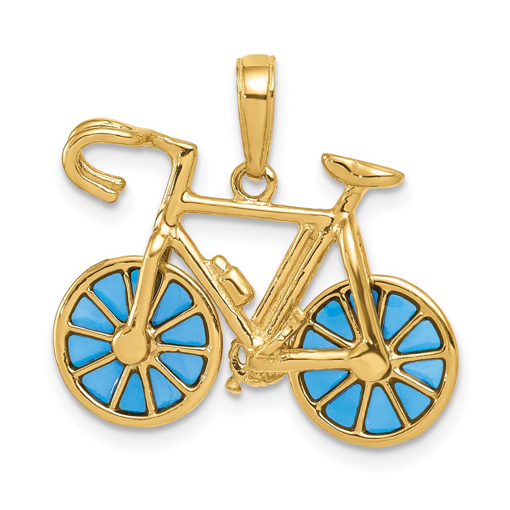 14k Yellow Gold 3D Blue Translucent Acrylic Bicycle Pendant