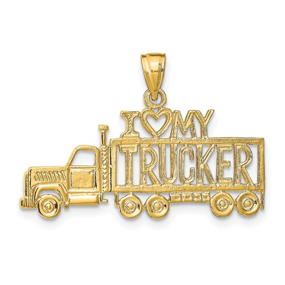 14k Yellow Gold I Heart My Trucker Semi Truck Pendant