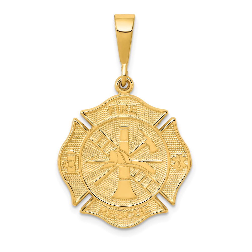 14k Yellow Gold Textured Fire Rescue Shield Pendant
