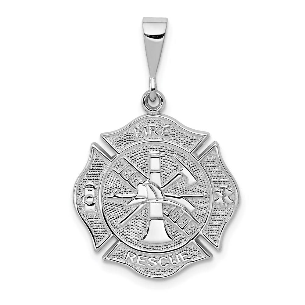 14k White Gold Textured Fire Rescue Shield Pendant