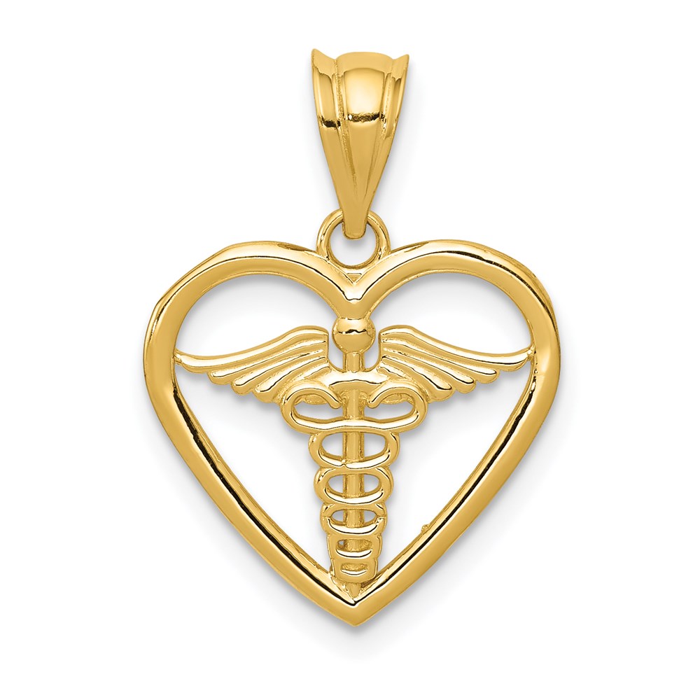 14k Yellow Gold Caduceus Heart Medical Pendant, 15mm