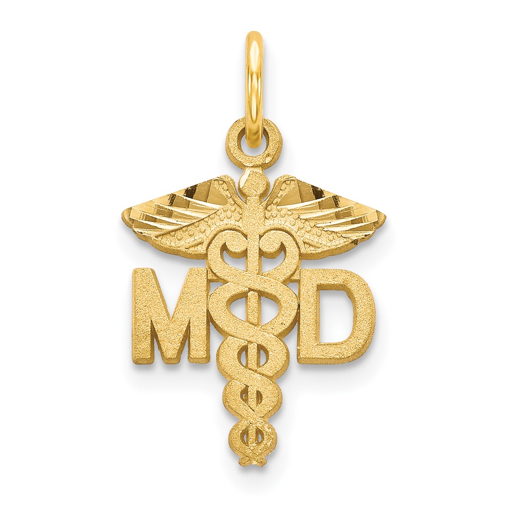 14k Yellow Gold Satin and Diamond Cut MD Caduceus Charm