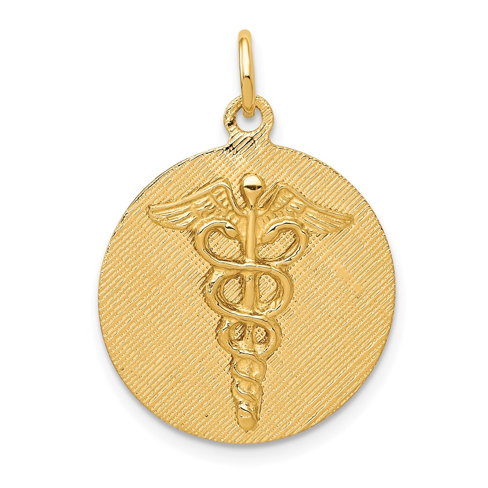 14k Yellow Gold 20mm Caduceus Disk Pendant