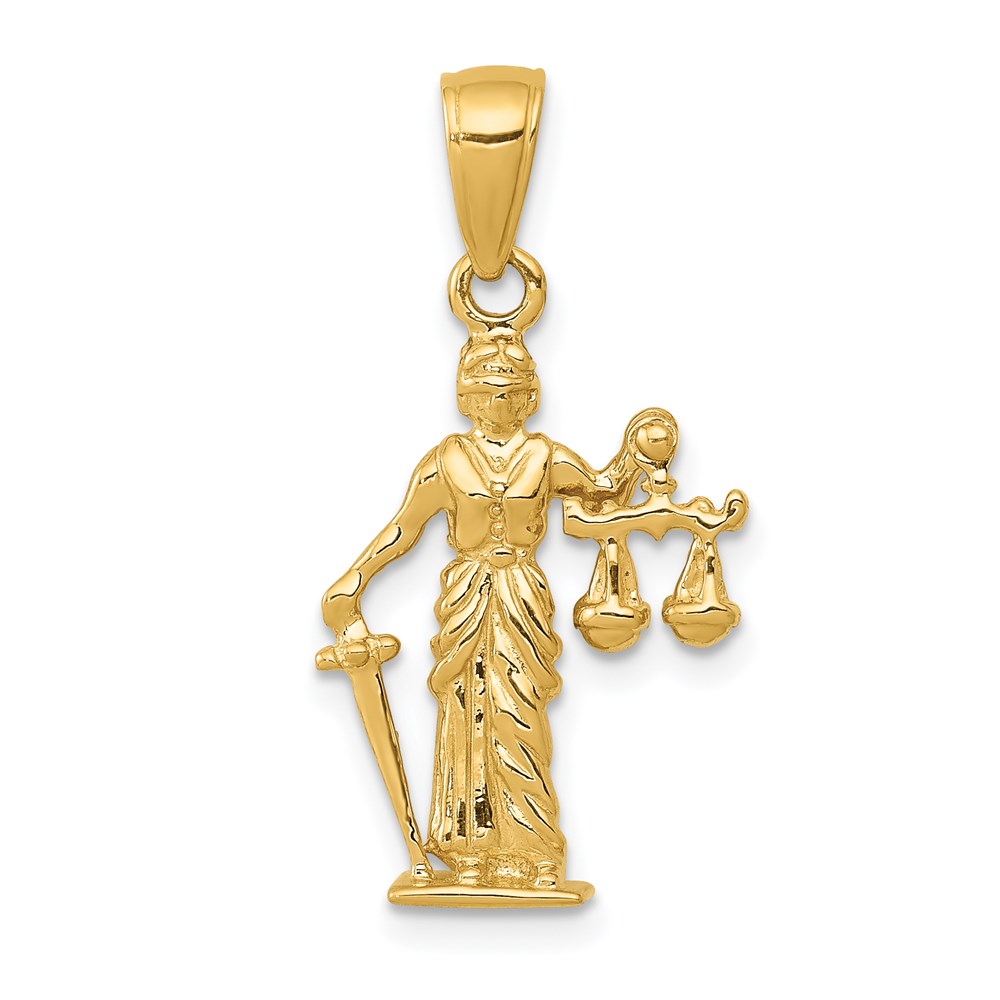 14k Yellow Gold 3D Lady of Justice with Moveable Scales Pendant