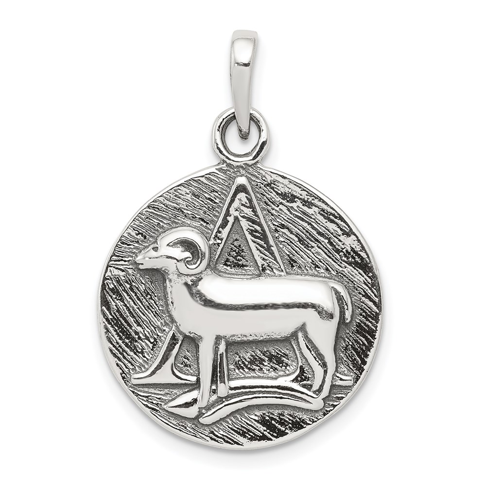 Sterling Silver Aries the Ram Zodiac Embossed Circle Antiqued Pendant