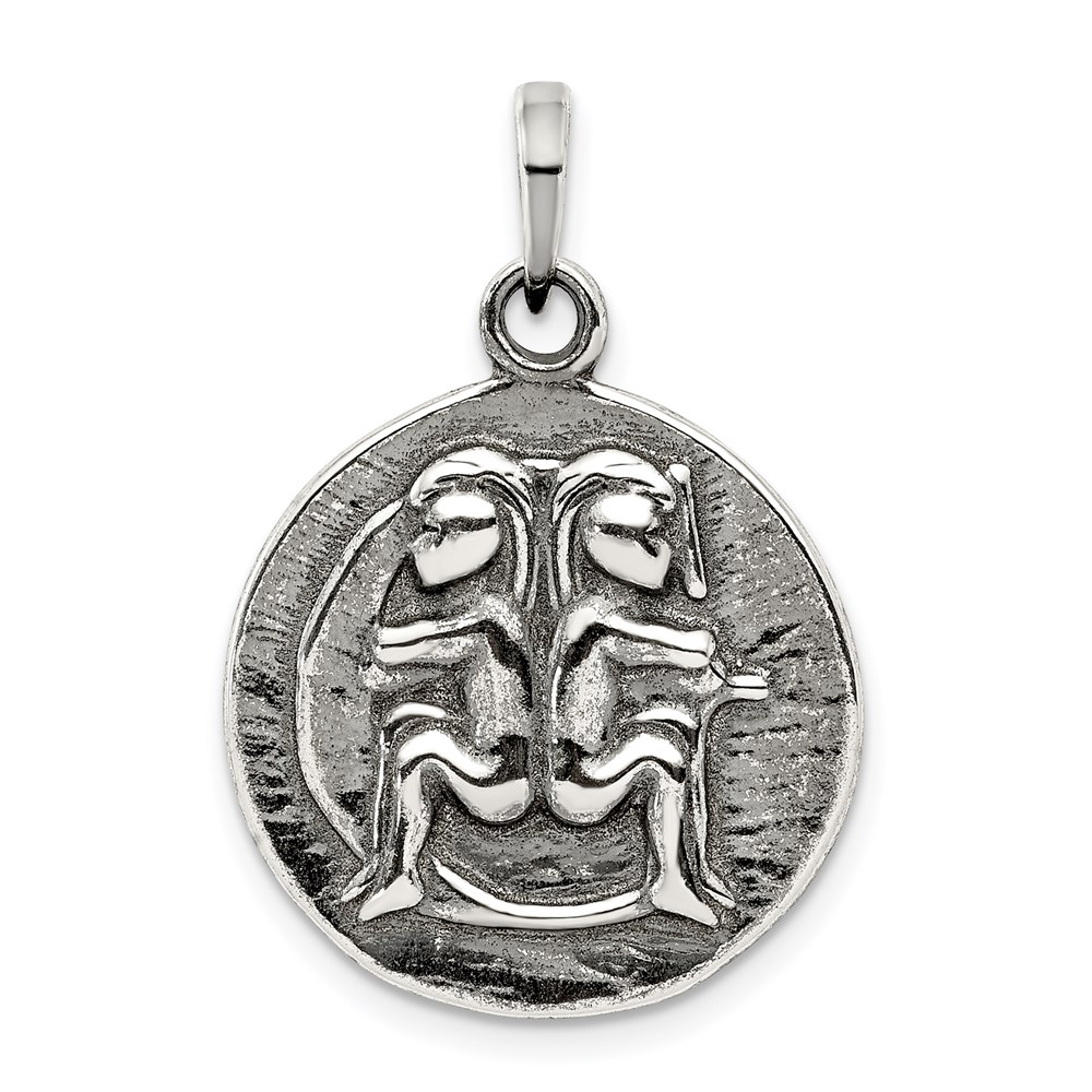 Sterling Silver Gemini the Twins Zodiac Embossed Circle Pendant