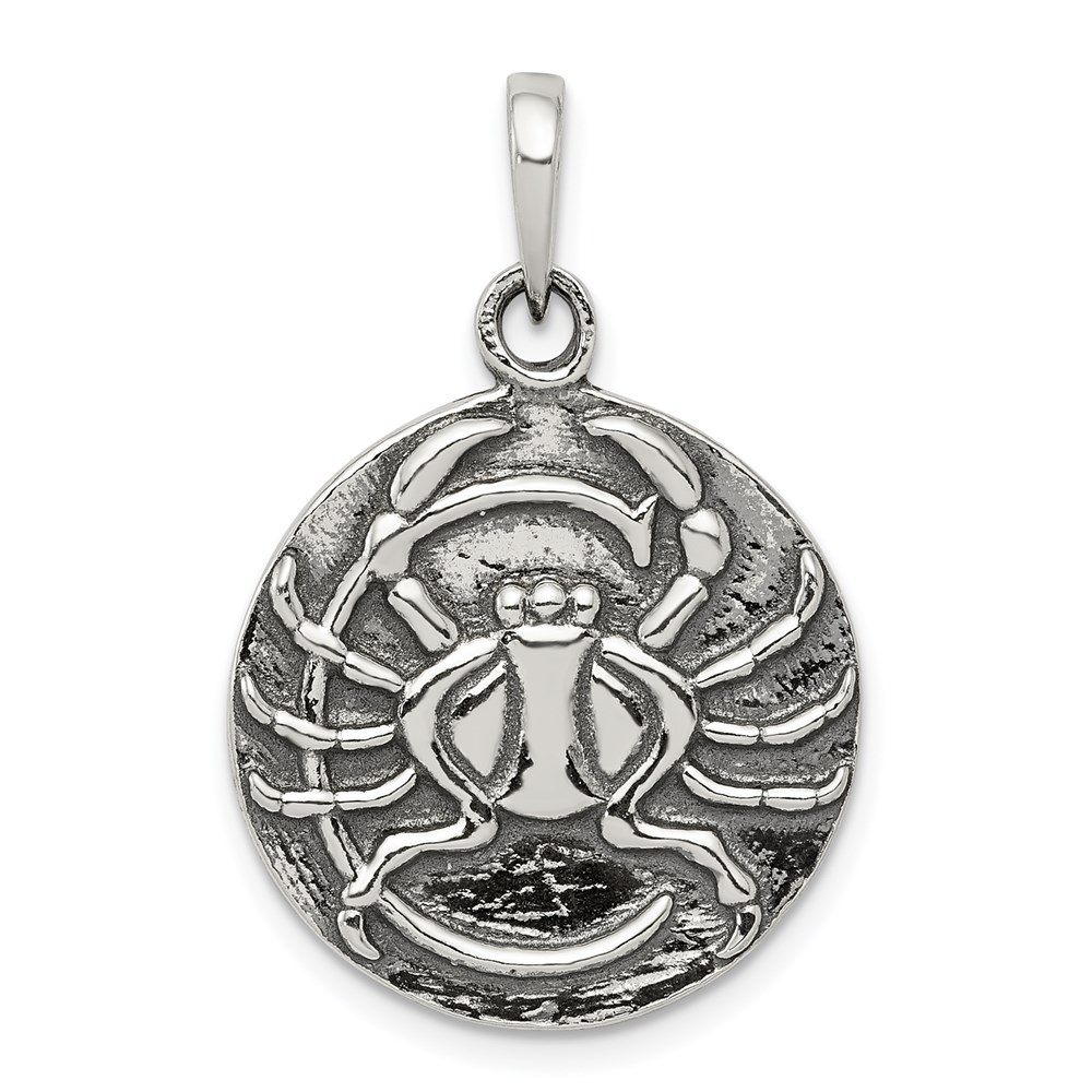 Sterling Silver Cancer the Crab Zodiac Embossed Circle Pendant