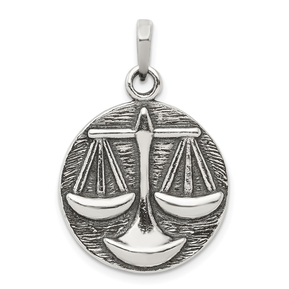 Sterling Silver Libra the Scale Zodiac Embossed Circle Pendant