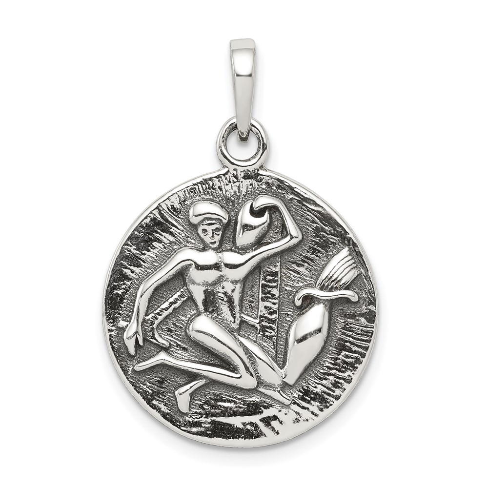 Sterling Silver Aquarius the Water Bearer Zodiac Embossed Pendant