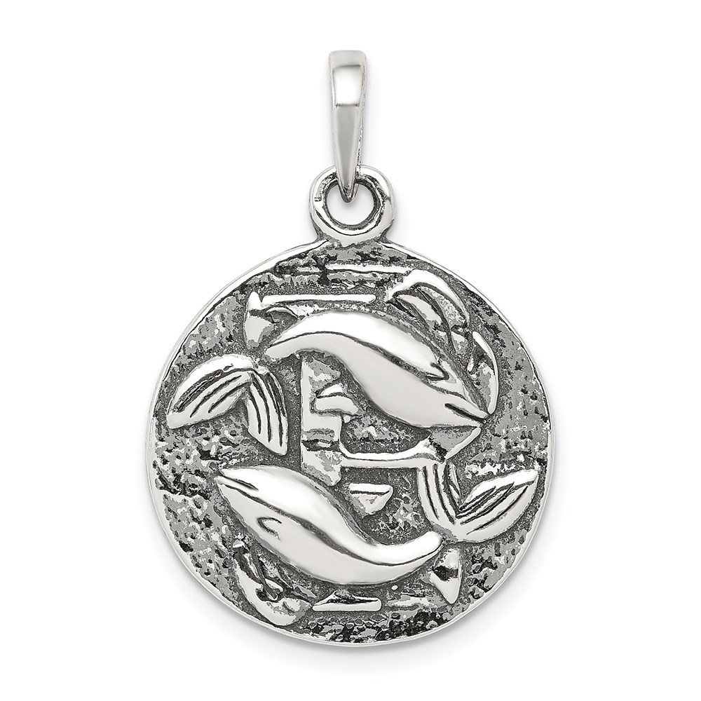 Sterling Silver Pisces the Fish Zodiac Embossed Circle Pendant