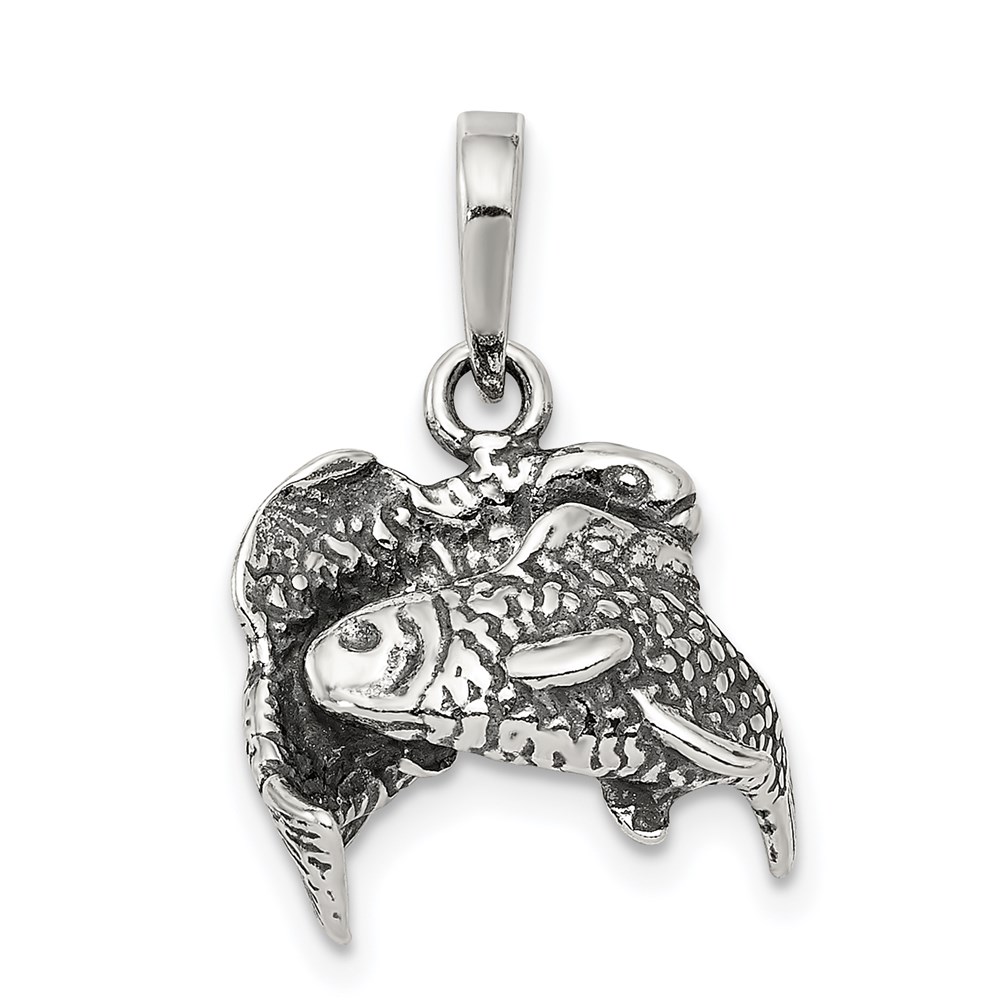 Sterling Silver Pisces the Fish Zodiac 3D Antiqued Pendant