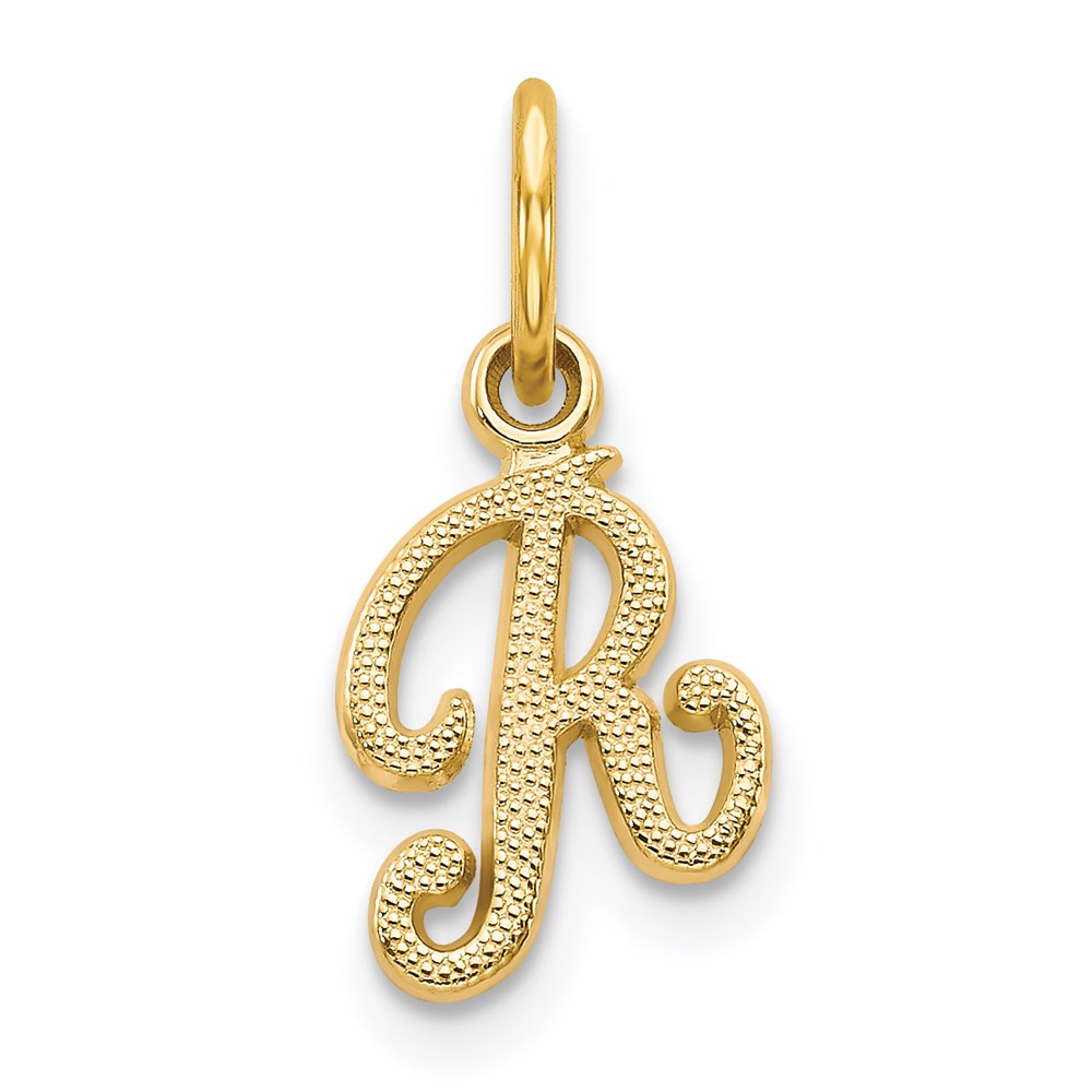 The Sadie 14k Yellow Gold Mini Satin Script Initial Charm, Letter R