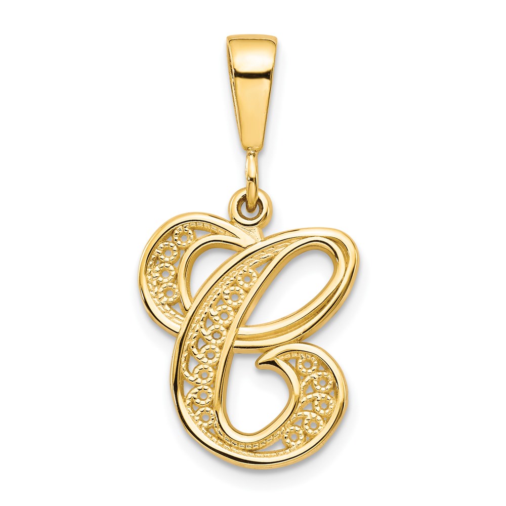 14k Yellow Gold, Maci Collection, LG Filigree Script Initial C Pendant