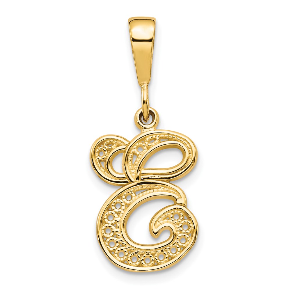 14k Yellow Gold, Maci Collection, LG Filigree Script Initial E Pendant