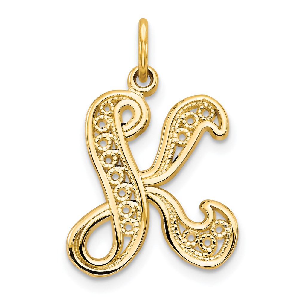 14k Yellow Gold, Maci Collection, LG Filigree Script Initial K Pendant
