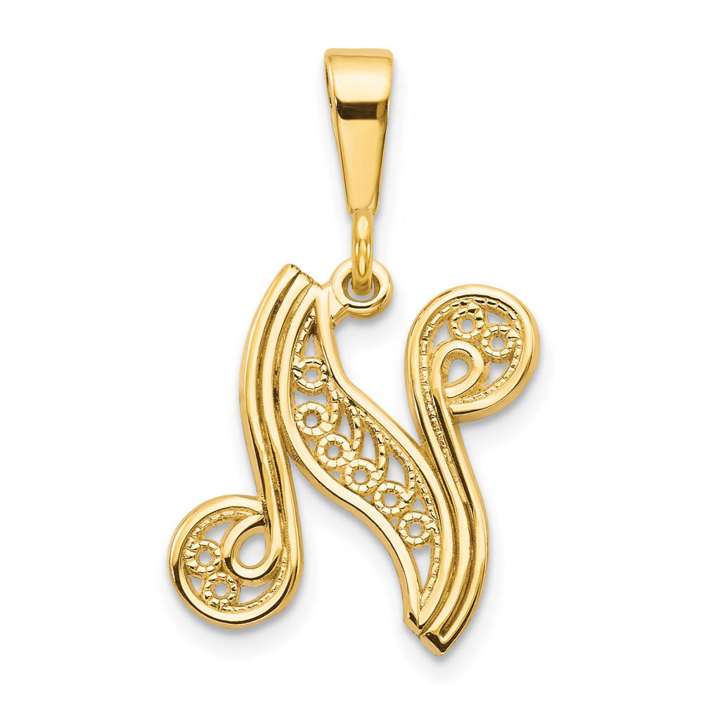 14k Yellow Gold, Maci Collection, LG Filigree Script Initial N Pendant