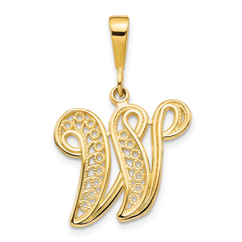 14k Yellow Gold, Maci Collection, LG Filigree Script Initial W Pendant